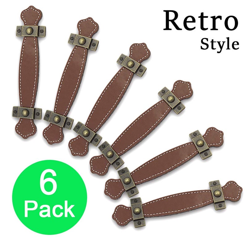Seimneire 6pcs Surface Leather Furniture Handle, 6.3" Retro Style Leather Pull Handle for Drawer/Cabinet/PU Suitcase - Brown - Image 2
